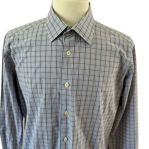 David Donahue Men’s Trim Long Sleeve Shirt Blue Plaid Size 17.5 34/35. - Picture 6 of 13